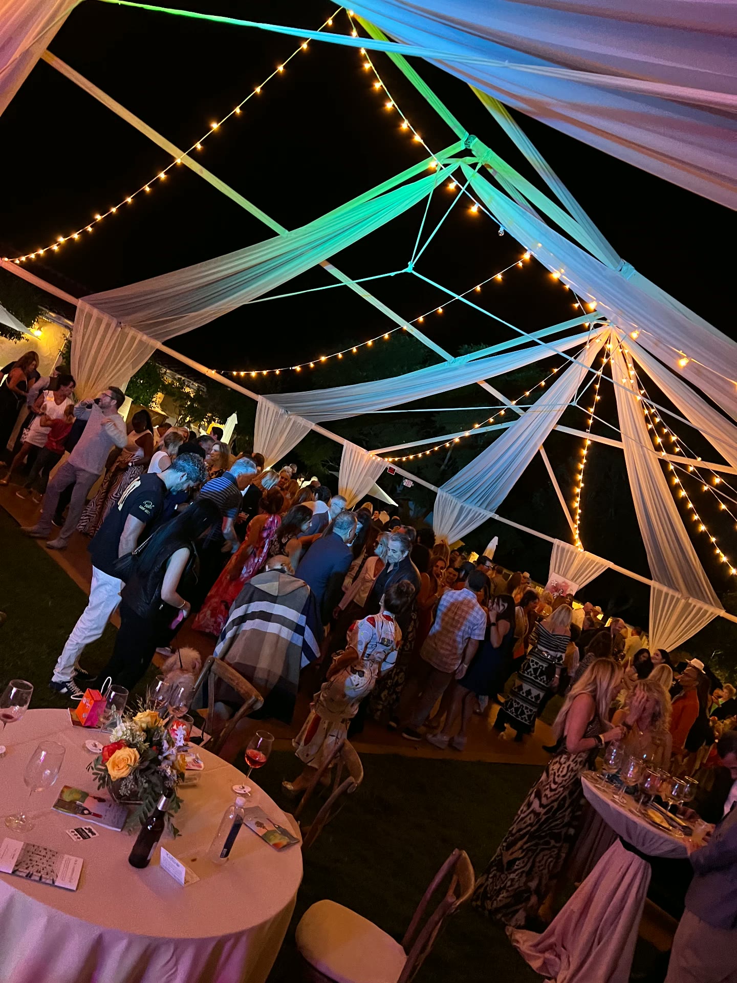 Nightly tent celebration with string lights, drapery, and dancing guests
